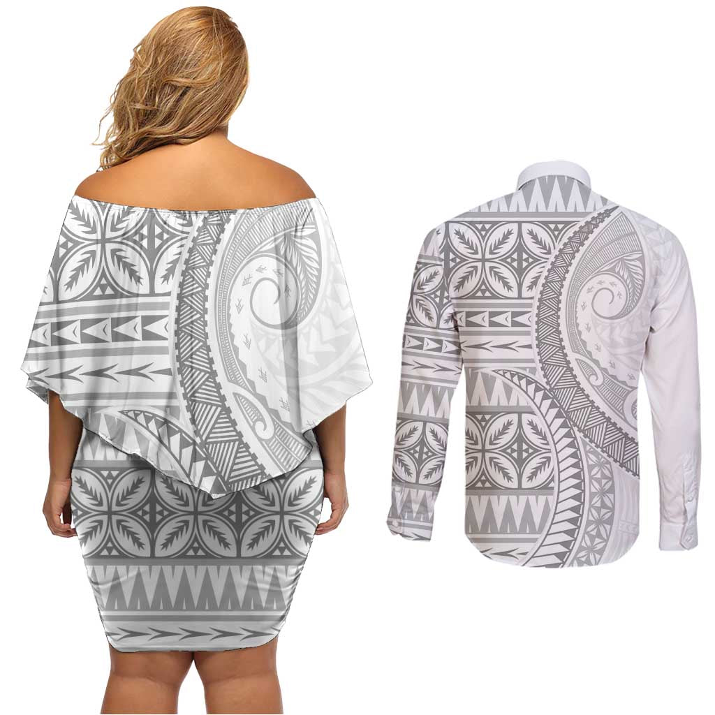 Polynesian White Sunday Couples Matching Off Shoulder Short Dress and Long Sleeve Button Shirt Lotu Tamaiti Melanesian Pattern LT9 - Polynesian Pride
