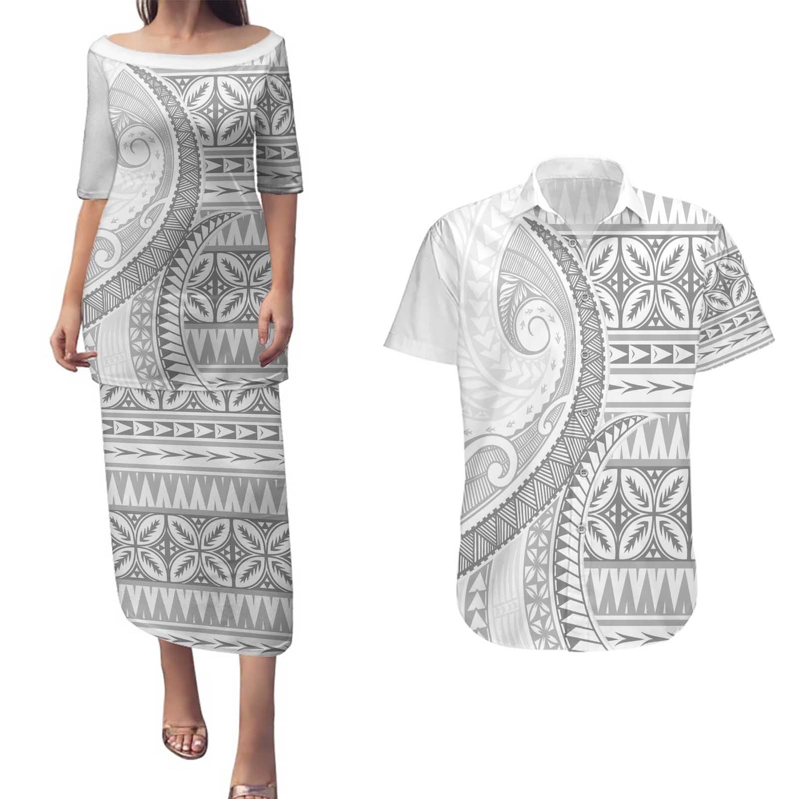 Polynesian White Sunday Couples Matching Puletasi and Hawaiian Shirt Lotu Tamaiti Melanesian Pattern LT9 White - Polynesian Pride