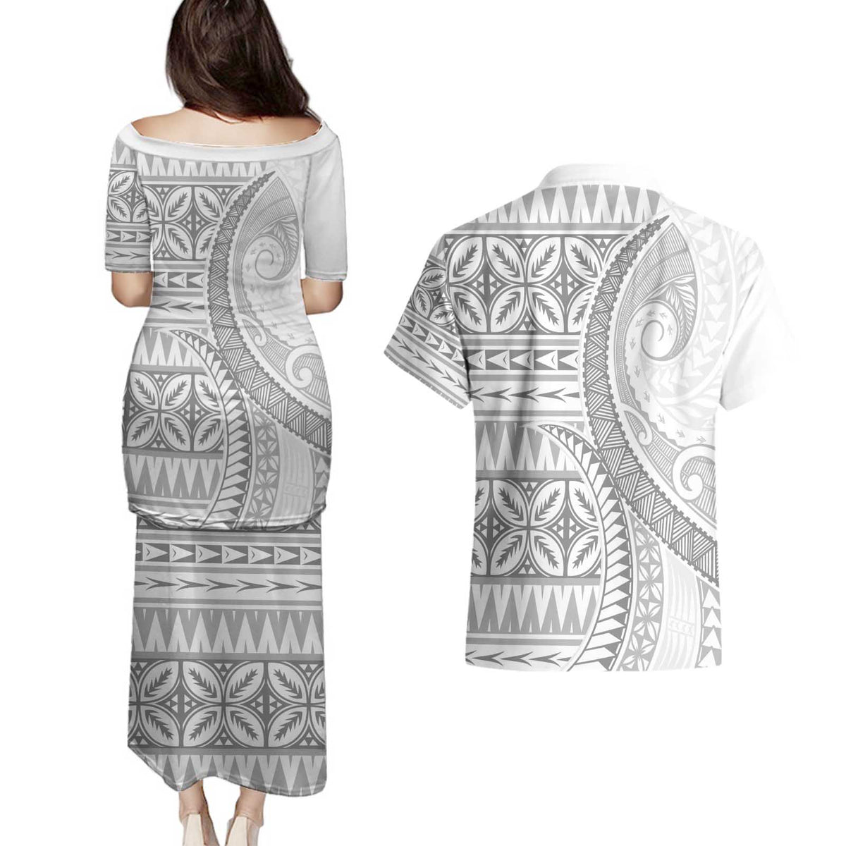 Polynesian White Sunday Couples Matching Puletasi and Hawaiian Shirt Lotu Tamaiti Melanesian Pattern - Polynesian Pride