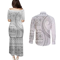 Polynesian White Sunday Couples Matching Puletasi and Long Sleeve Button Shirt Lotu Tamaiti Melanesian Pattern LT9 - Polynesian Pride