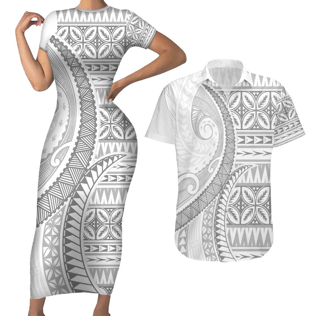 Polynesian White Sunday Couples Matching Short Sleeve Bodycon Dress and Hawaiian Shirt Lotu Tamaiti Melanesian Pattern LT9 White - Polynesian Pride