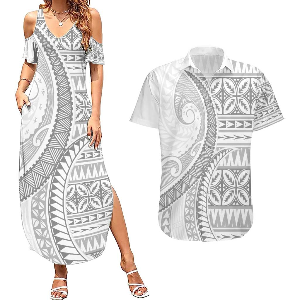 Polynesian White Sunday Couples Matching Summer Maxi Dress and Hawaiian Shirt Lotu Tamaiti Melanesian Pattern LT9 White - Polynesian Pride