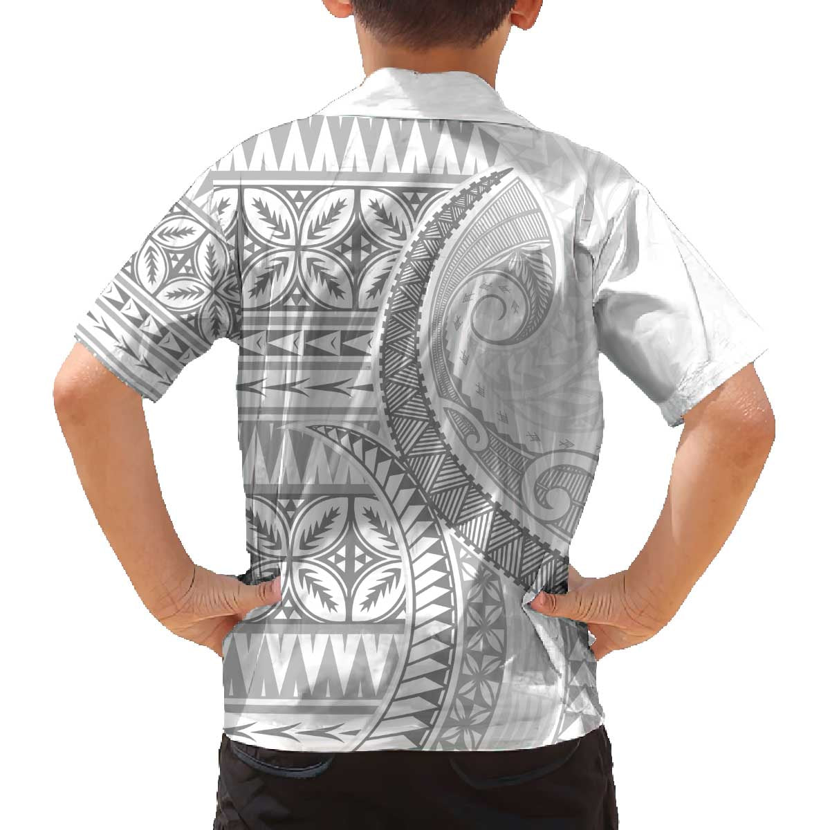 Polynesian White Sunday Family Matching Off The Shoulder Long Sleeve Dress and Hawaiian Shirt Lotu Tamaiti Melanesian Pattern - Polynesian Pride