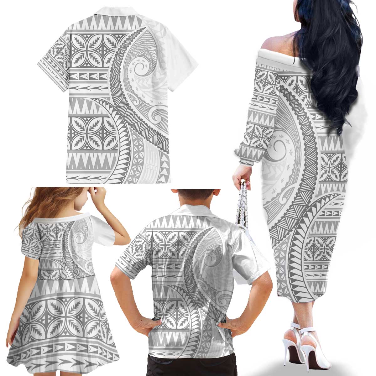 Polynesian White Sunday Family Matching Off The Shoulder Long Sleeve Dress and Hawaiian Shirt Lotu Tamaiti Melanesian Pattern - Polynesian Pride