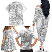 Polynesian White Sunday Family Matching Off The Shoulder Long Sleeve Dress and Hawaiian Shirt Lotu Tamaiti Melanesian Pattern - Polynesian Pride