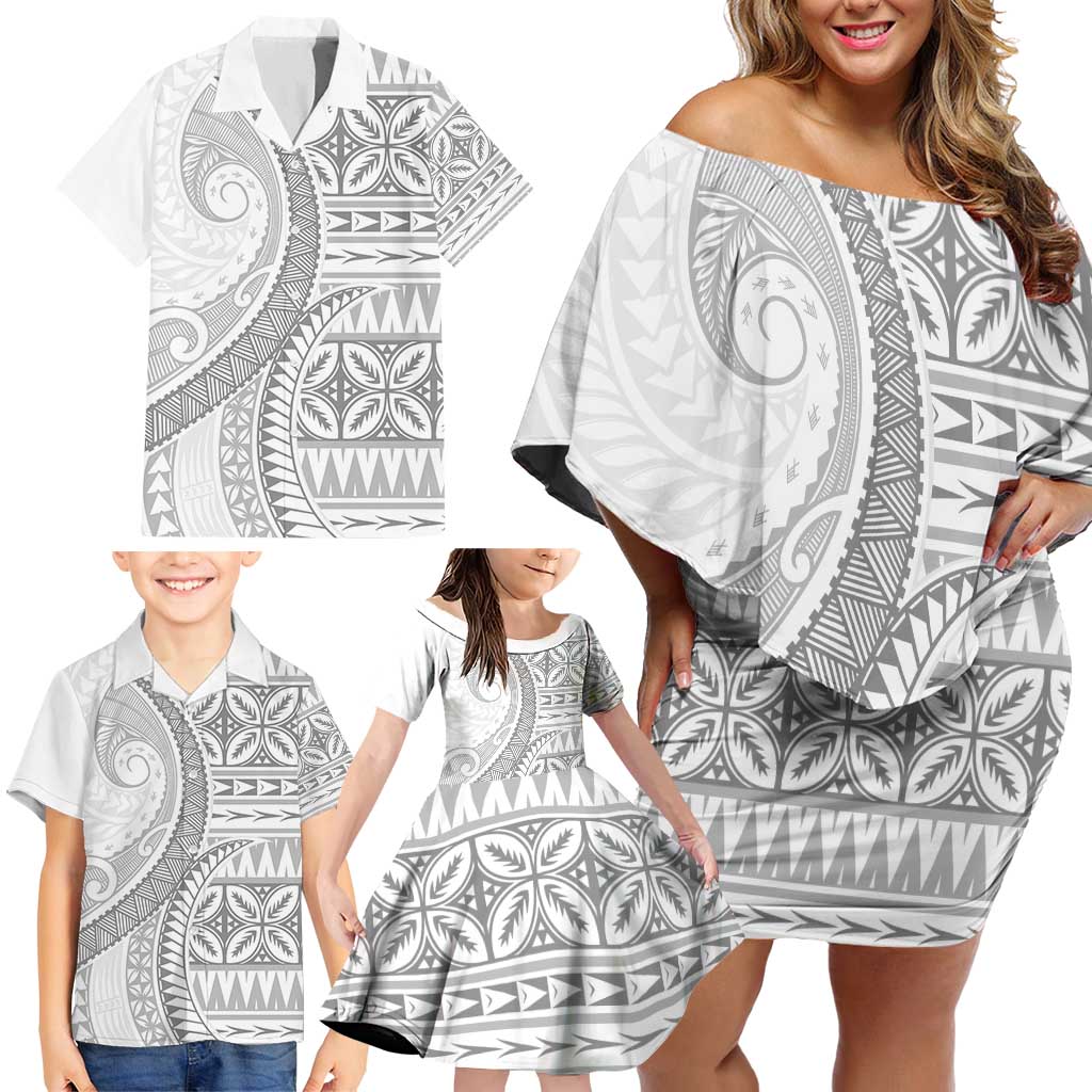 Polynesian White Sunday Family Matching Off Shoulder Short Dress and Hawaiian Shirt Lotu Tamaiti Melanesian Pattern LT9 - Polynesian Pride