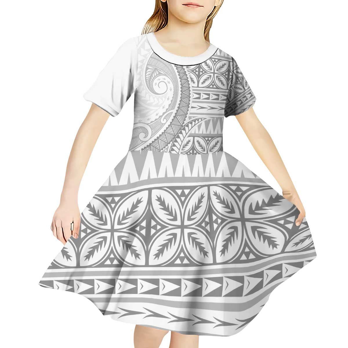 Polynesian White Sunday Kid Short Sleeve Dress Lotu Tamaiti Melanesian Pattern - Polynesian Pride