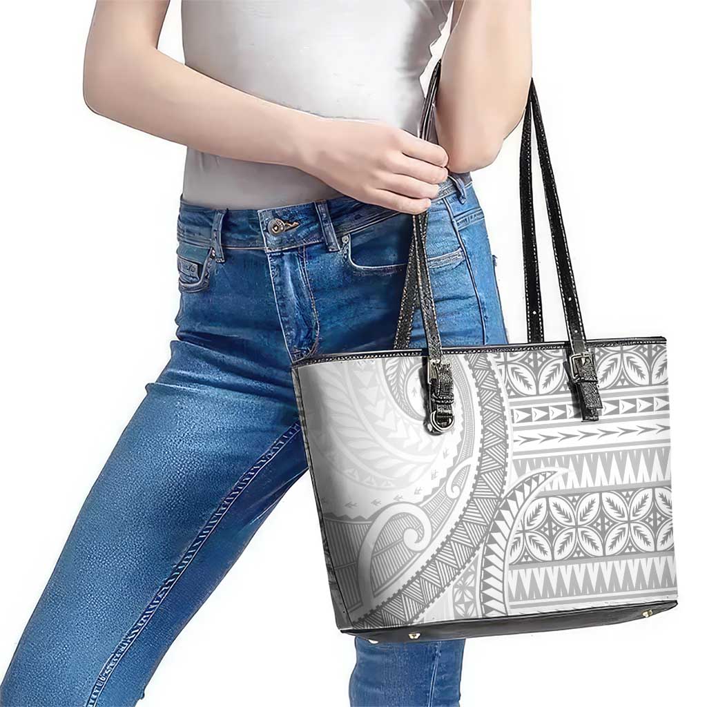 Polynesian White Sunday Leather Tote Bag Lotu Tamaiti Melanesian Pattern - Polynesian Pride