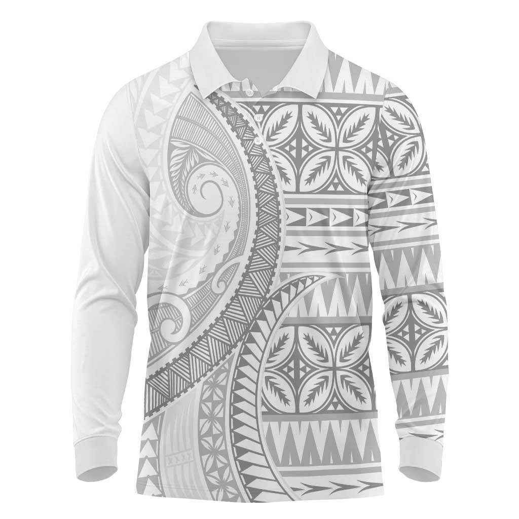 Polynesian White Sunday Long Sleeve Polo Shirt Lotu Tamaiti Melanesian Pattern - Polynesian Pride