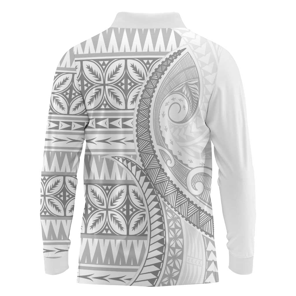 Polynesian White Sunday Long Sleeve Polo Shirt Lotu Tamaiti Melanesian Pattern - Polynesian Pride