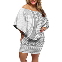 Polynesian White Sunday Off Shoulder Short Dress Lotu Tamaiti Melanesian Pattern - Polynesian Pride