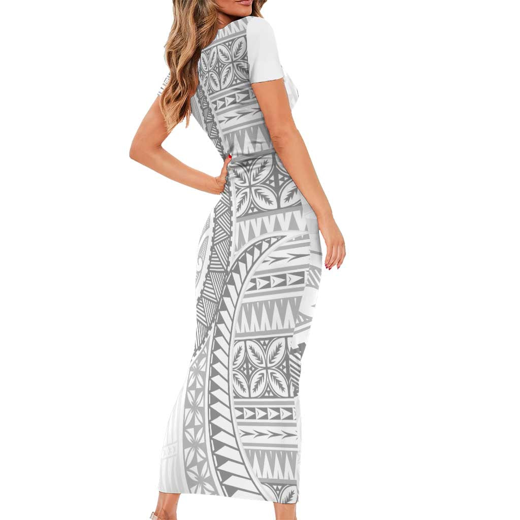 Polynesian White Sunday Short Sleeve Bodycon Dress Lotu Tamaiti Melanesian Pattern - Polynesian Pride