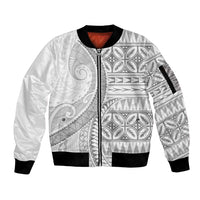 Polynesian White Sunday Sleeve Zip Bomber Jacket Lotu Tamaiti Melanesian Pattern - Polynesian Pride