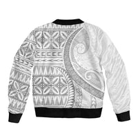 Polynesian White Sunday Sleeve Zip Bomber Jacket Lotu Tamaiti Melanesian Pattern - Polynesian Pride