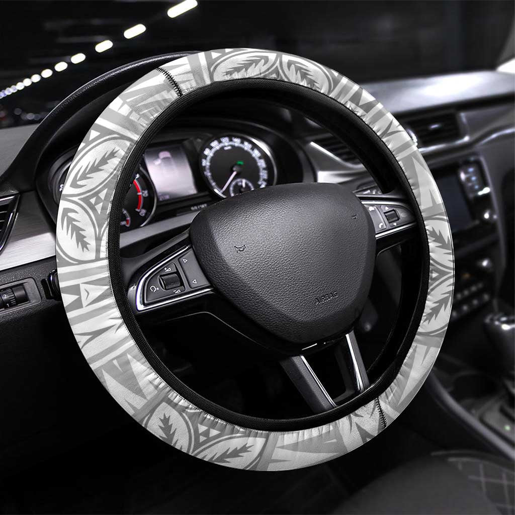 Polynesian White Sunday Steering Wheel Cover Lotu Tamaiti Melanesian Pattern LT9 Universal Fit White - Polynesian Pride