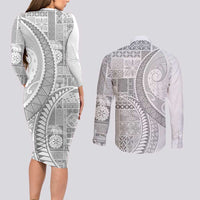 Samoa Siapo White Sunday Couples Matching Long Sleeve Bodycon Dress and Long Sleeve Button Shirt Lotu Tamaiti Polynesian White Pattern - Polynesian Pride