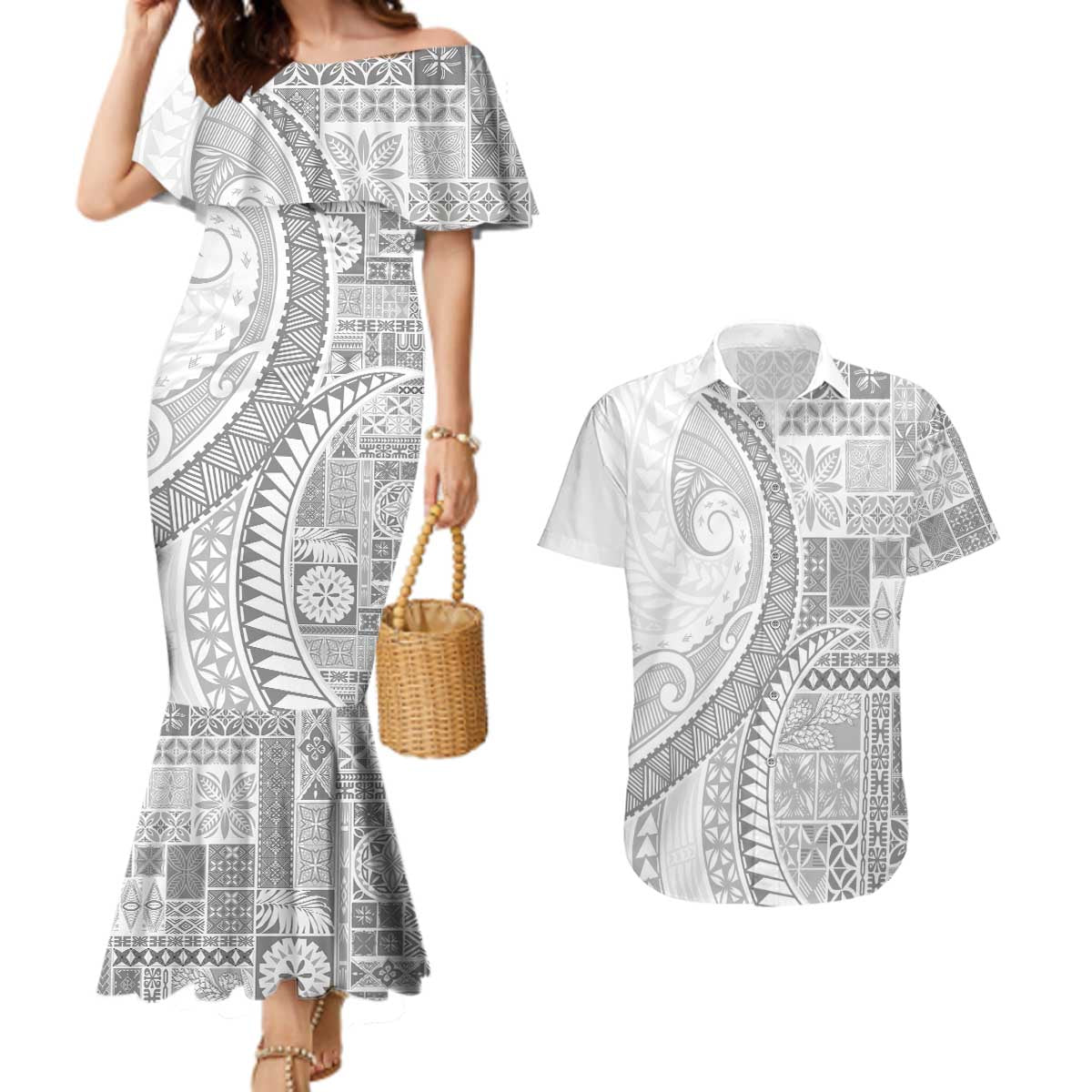 Samoa Siapo White Sunday Couples Matching Mermaid Dress and Hawaiian Shirt Lotu Tamaiti Polynesian White Pattern - Polynesian Pride