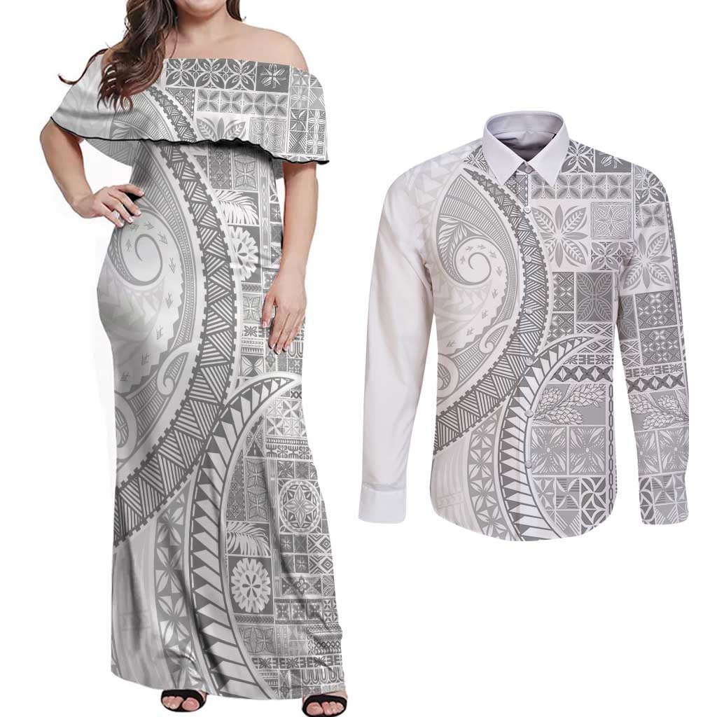 Samoa Siapo White Sunday Couples Matching Off Shoulder Maxi Dress and Long Sleeve Button Shirt Lotu Tamaiti Polynesian White Pattern - Polynesian Pride