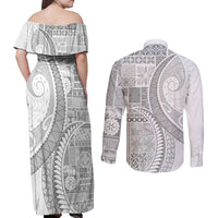 Samoa Siapo White Sunday Couples Matching Off Shoulder Maxi Dress and Long Sleeve Button Shirt Lotu Tamaiti Polynesian White Pattern - Polynesian Pride