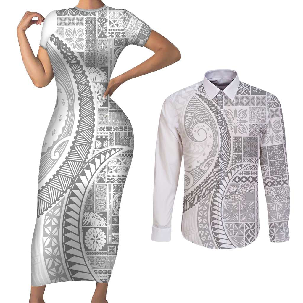 Samoa Siapo White Sunday Couples Matching Short Sleeve Bodycon Dress and Long Sleeve Button Shirt Lotu Tamaiti Polynesian White Pattern - Polynesian Pride