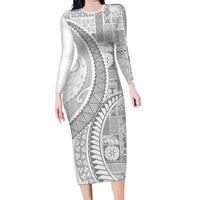 Samoa Siapo White Sunday Family Matching Long Sleeve Bodycon Dress and Hawaiian Shirt Lotu Tamaiti Polynesian White Pattern - Polynesian Pride