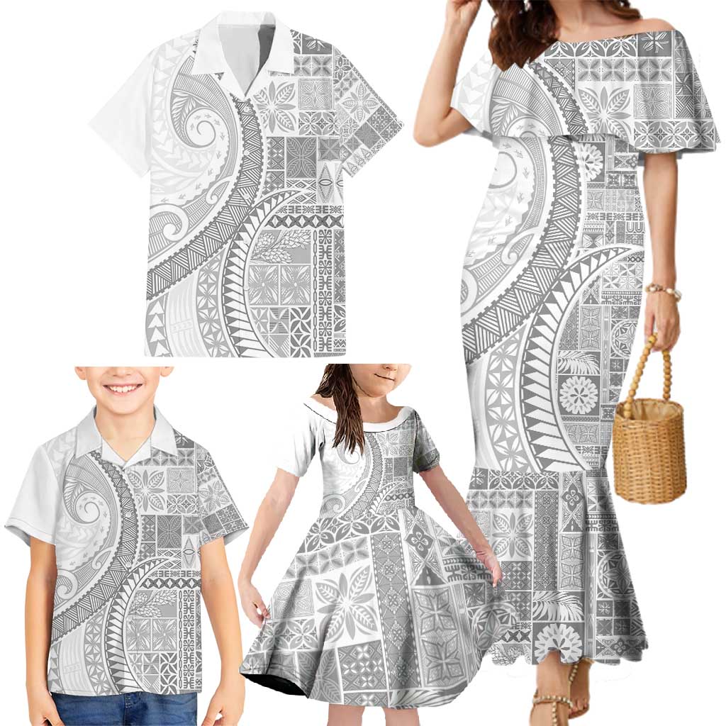 Samoa Siapo White Sunday Family Matching Mermaid Dress and Hawaiian Shirt Lotu Tamaiti Polynesian White Pattern - Polynesian Pride
