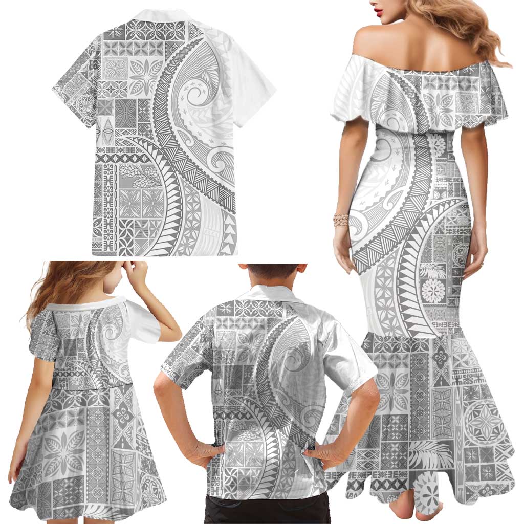 Samoa Siapo White Sunday Family Matching Mermaid Dress and Hawaiian Shirt Lotu Tamaiti Polynesian White Pattern - Polynesian Pride