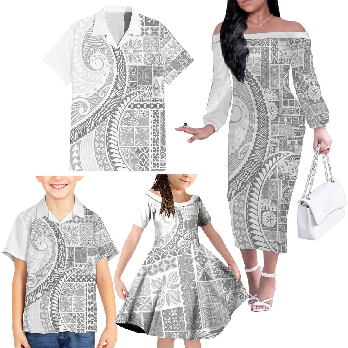 Samoa Siapo White Sunday Family Matching Off The Shoulder Long Sleeve Dress and Hawaiian Shirt Lotu Tamaiti Polynesian White Pattern - Polynesian Pride