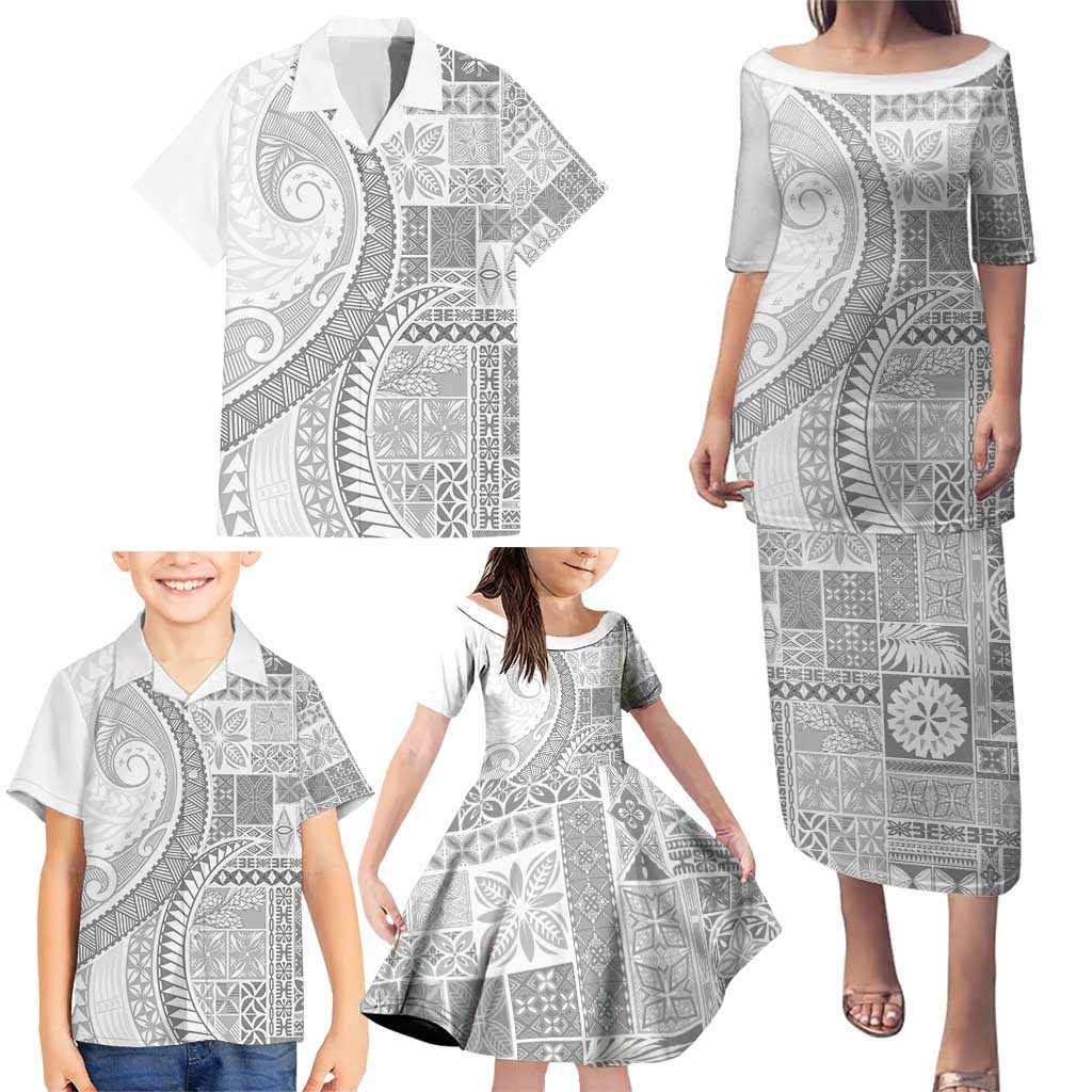 Samoa Siapo White Sunday Family Matching Puletasi and Hawaiian Shirt Lotu Tamaiti Polynesian White Pattern - Polynesian Pride