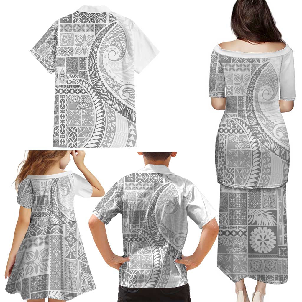 Samoa Siapo White Sunday Family Matching Puletasi and Hawaiian Shirt Lotu Tamaiti Polynesian White Pattern - Polynesian Pride