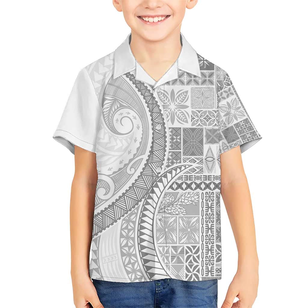 Samoa Siapo White Sunday Family Matching Short Sleeve Bodycon Dress and Hawaiian Shirt Lotu Tamaiti Polynesian White Pattern - Polynesian Pride