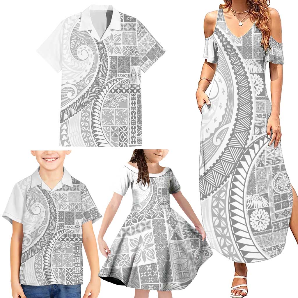 Samoa Siapo White Sunday Family Matching Summer Maxi Dress and Hawaiian Shirt Lotu Tamaiti Polynesian White Pattern - Polynesian Pride
