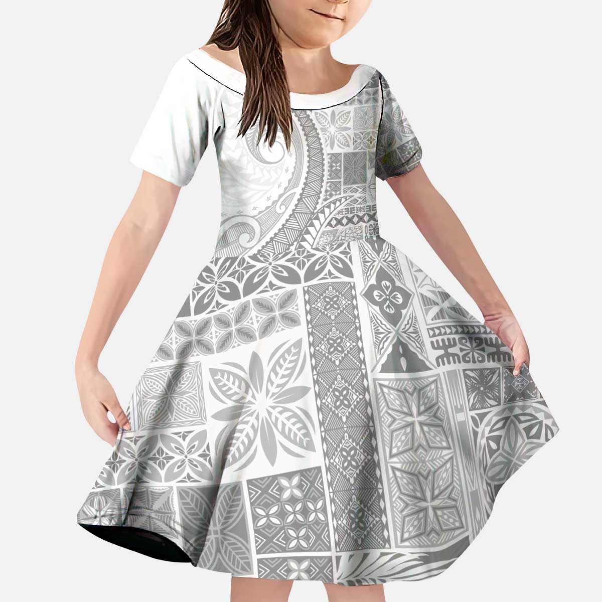Samoa Siapo White Sunday Kid Short Sleeve Dress Lotu Tamaiti Polynesian White Pattern - Polynesian Pride