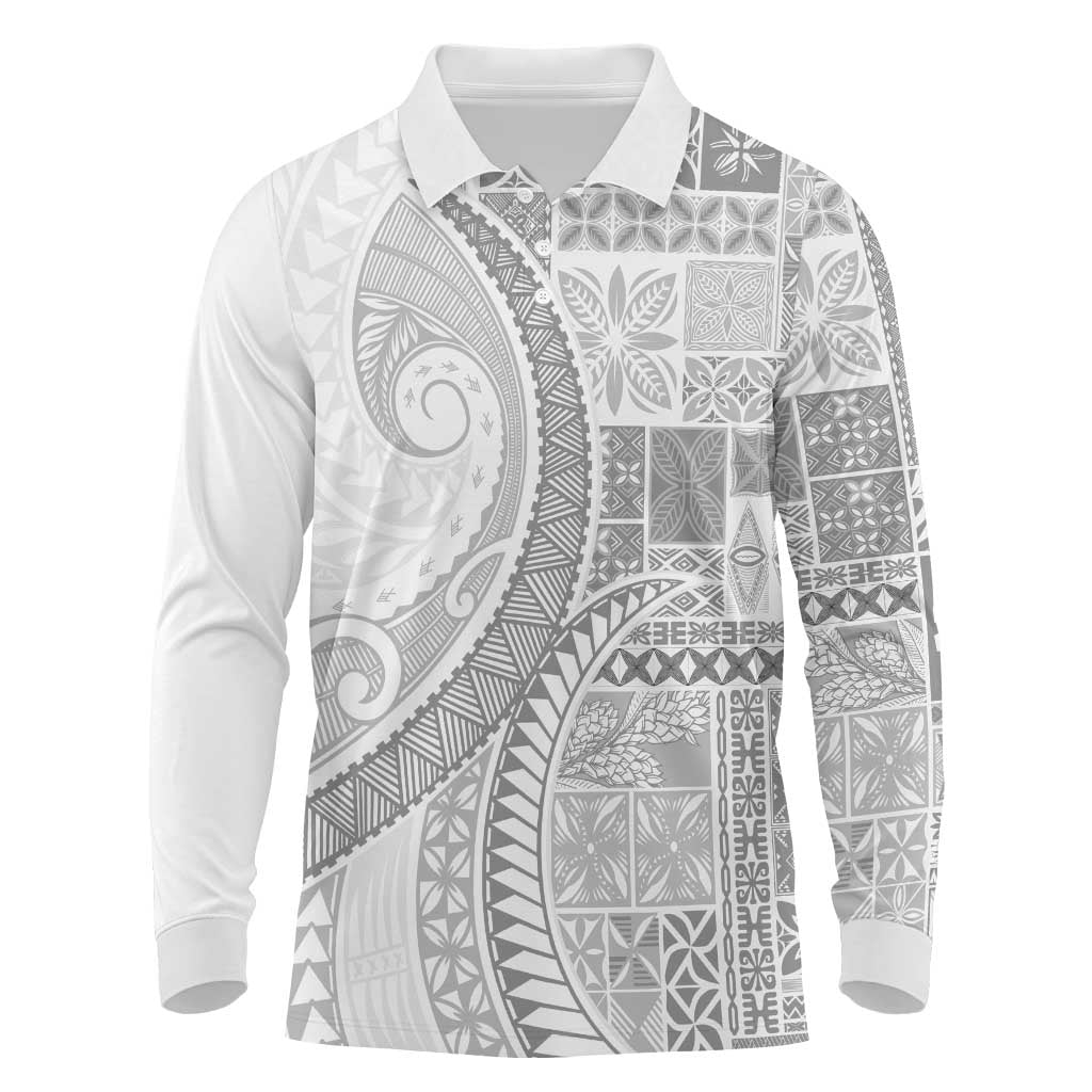 Samoa Siapo White Sunday Long Sleeve Polo Shirt Lotu Tamaiti Polynesian White Pattern - Polynesian Pride