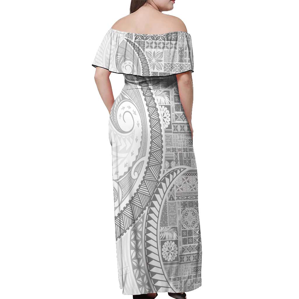 Samoa Siapo White Sunday Off Shoulder Maxi Dress Lotu Tamaiti Polynesian White Pattern - Polynesian Pride
