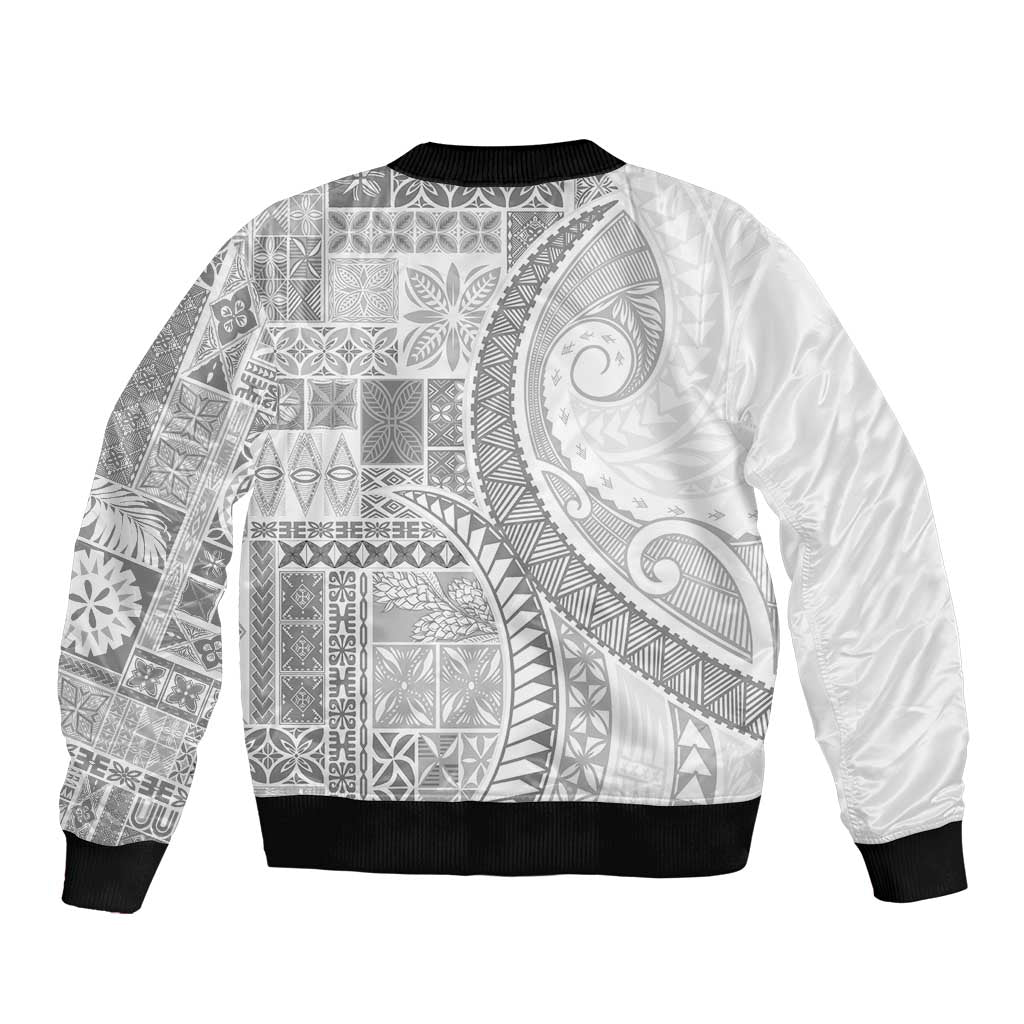 Samoa Siapo White Sunday Sleeve Zip Bomber Jacket Lotu Tamaiti Polynesian White Pattern - Polynesian Pride