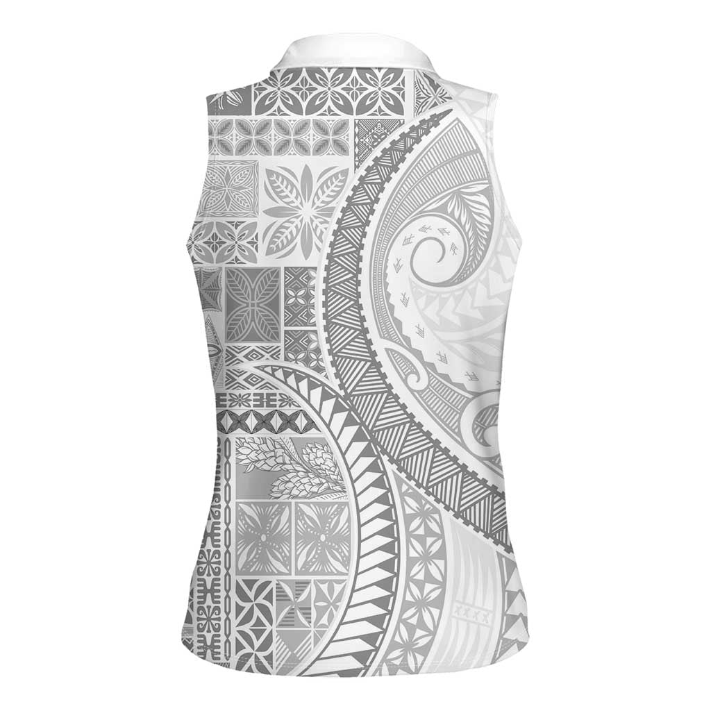 Samoa Siapo White Sunday Women Sleeveless Polo Shirt Lotu Tamaiti Polynesian White Pattern - Polynesian Pride