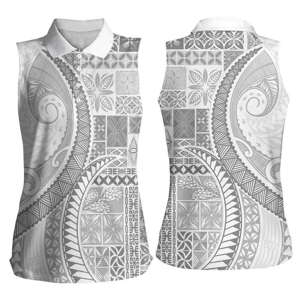 Samoa Siapo White Sunday Women Sleeveless Polo Shirt Lotu Tamaiti Polynesian White Pattern - Polynesian Pride