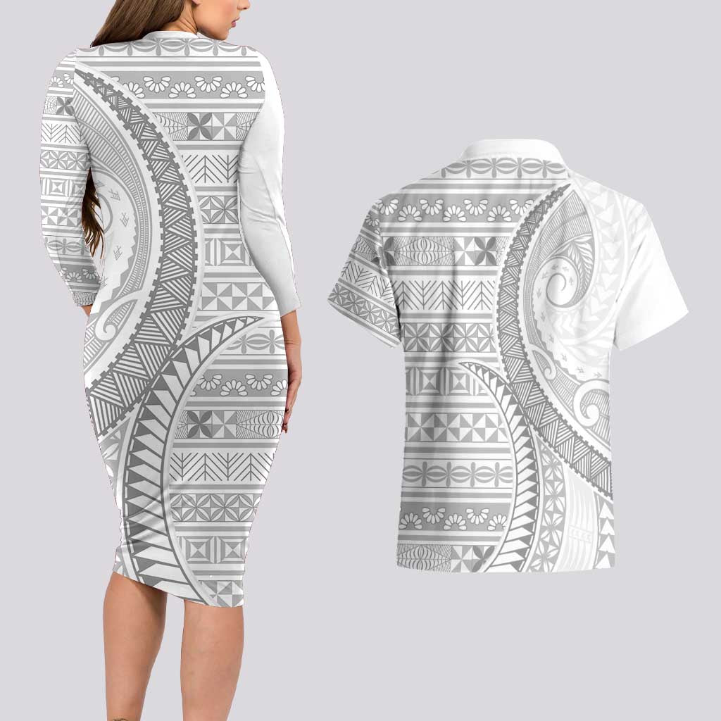 Tokelau White Sunday Couples Matching Long Sleeve Bodycon Dress and Hawaiian Shirt Lotu Tamaiti Ngatu Tokelau Feletoa Manulua - Polynesian Pride