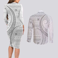 Tokelau White Sunday Couples Matching Long Sleeve Bodycon Dress and Long Sleeve Button Shirt Lotu Tamaiti Ngatu Tokelau Feletoa Manulua - Polynesian Pride