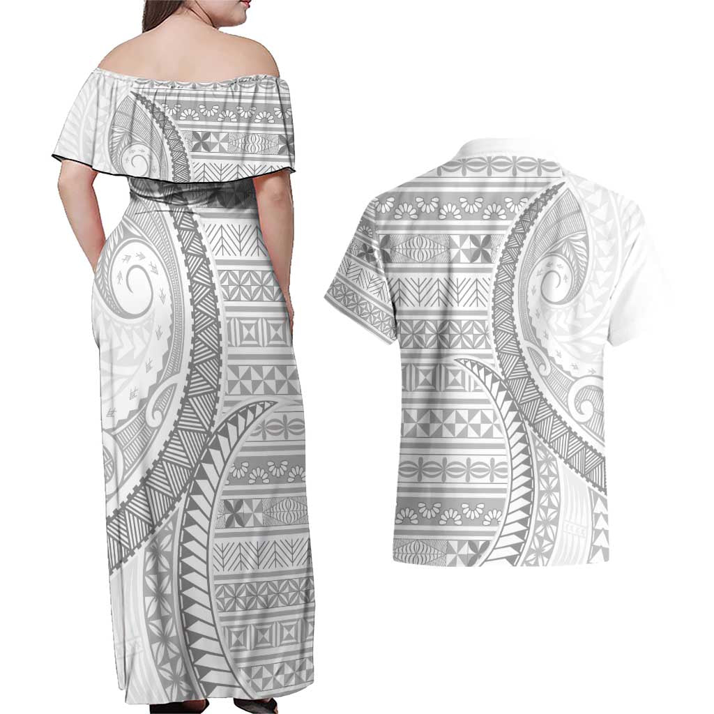 Tokelau White Sunday Couples Matching Off Shoulder Maxi Dress and Hawaiian Shirt Lotu Tamaiti Ngatu Tokelau Feletoa Manulua - Polynesian Pride