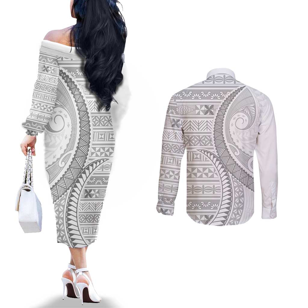 Tokelau White Sunday Couples Matching Off The Shoulder Long Sleeve Dress and Long Sleeve Button Shirt Lotu Tamaiti Ngatu Tokelau Feletoa Manulua - Polynesian Pride
