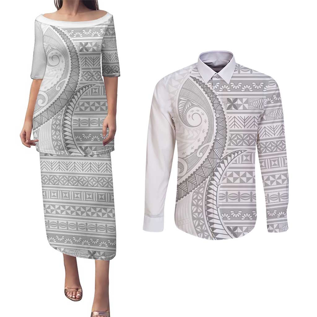 Tokelau White Sunday Couples Matching Puletasi and Long Sleeve Button Shirt Lotu Tamaiti Ngatu Tokelau Feletoa Manulua - Polynesian Pride