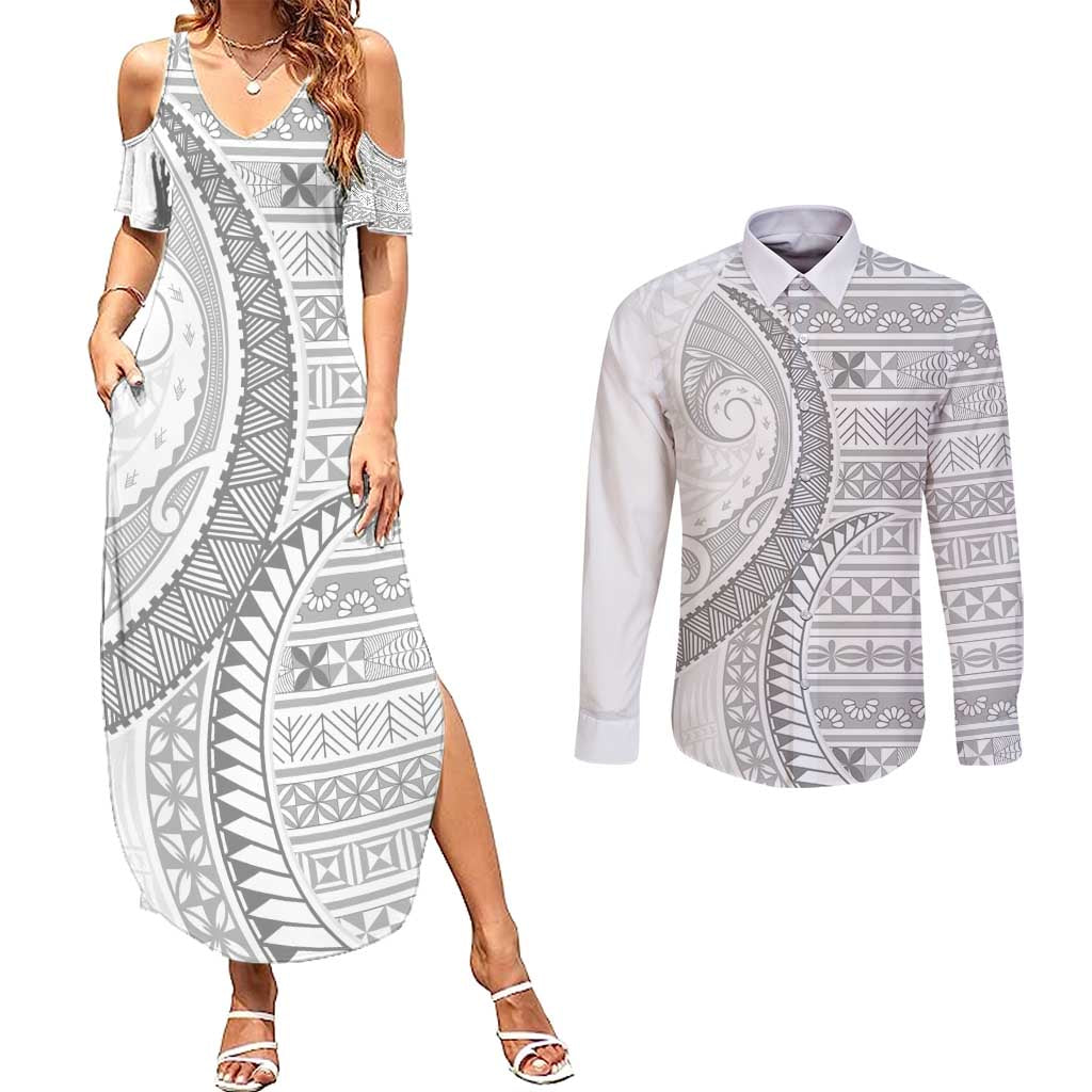 Tokelau White Sunday Couples Matching Summer Maxi Dress and Long Sleeve Button Shirt Lotu Tamaiti Ngatu Tokelau Feletoa Manulua - Polynesian Pride
