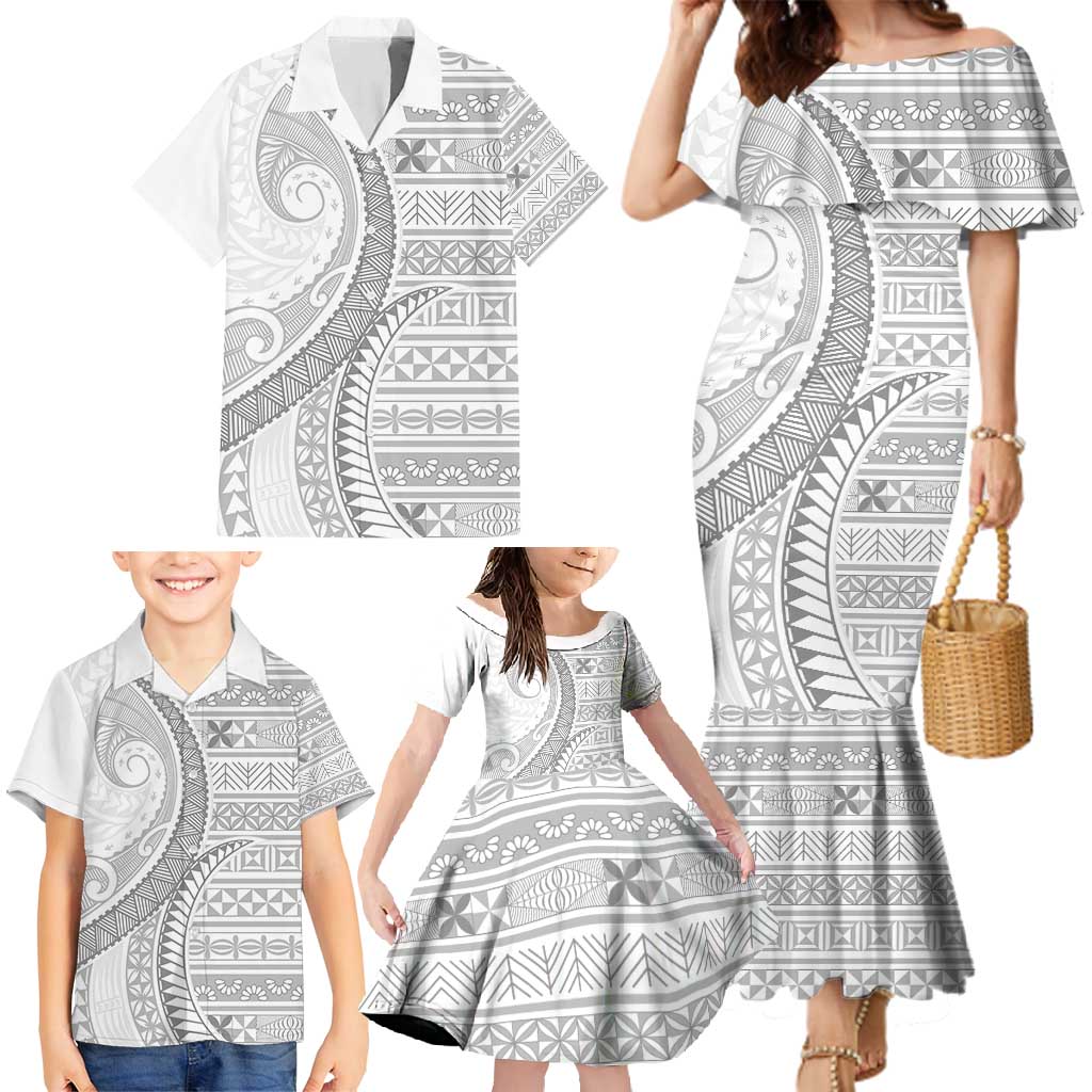 Tokelau White Sunday Family Matching Mermaid Dress and Hawaiian Shirt Lotu Tamaiti Ngatu Tokelau Feletoa Manulua - Polynesian Pride