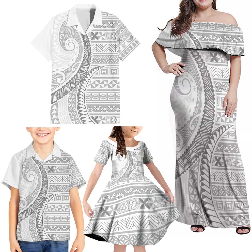 Tokelau White Sunday Family Matching Off Shoulder Maxi Dress and Hawaiian Shirt Lotu Tamaiti Ngatu Tokelau Feletoa Manulua - Polynesian Pride