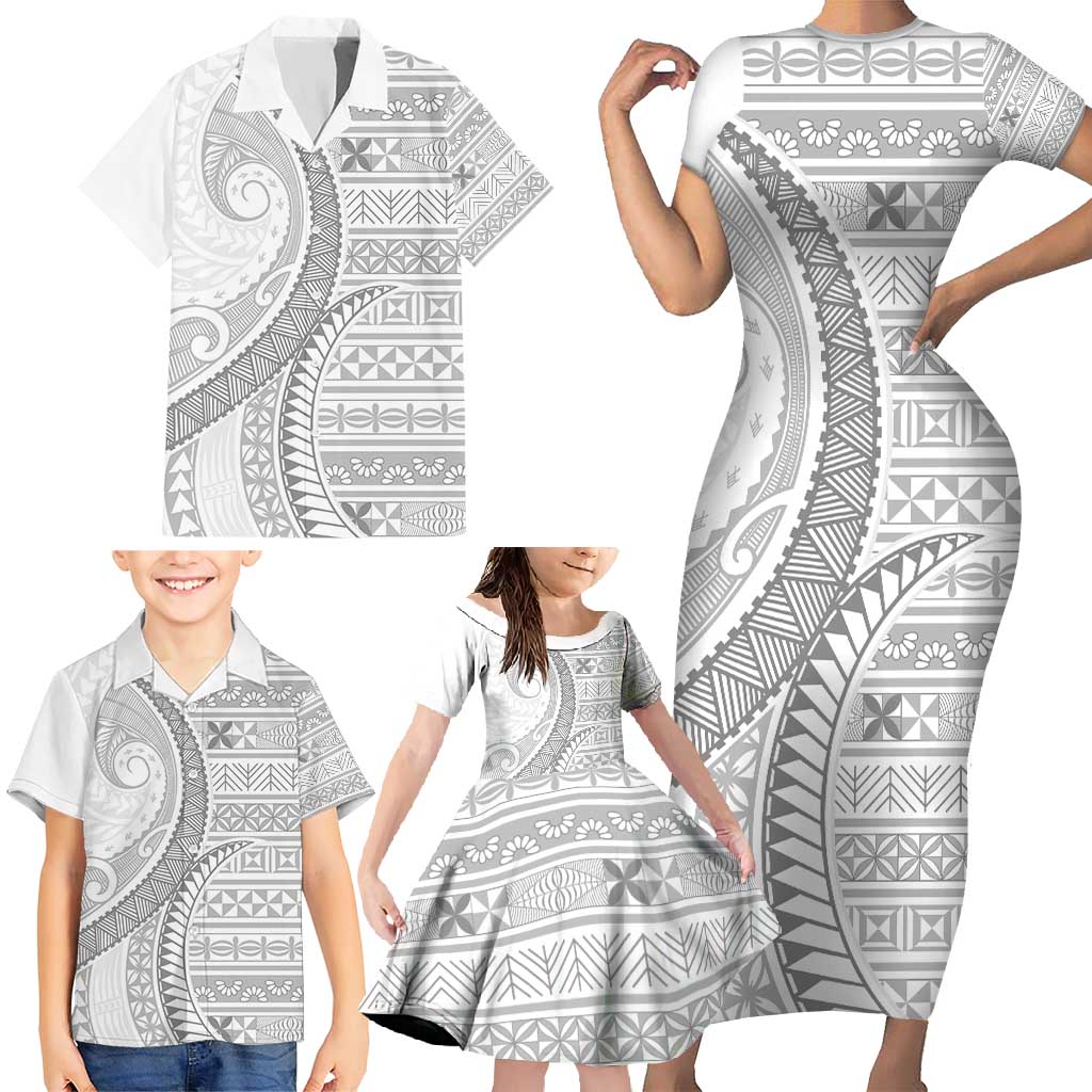 Tokelau White Sunday Family Matching Short Sleeve Bodycon Dress and Hawaiian Shirt Lotu Tamaiti Ngatu Tokelau Feletoa Manulua - Polynesian Pride