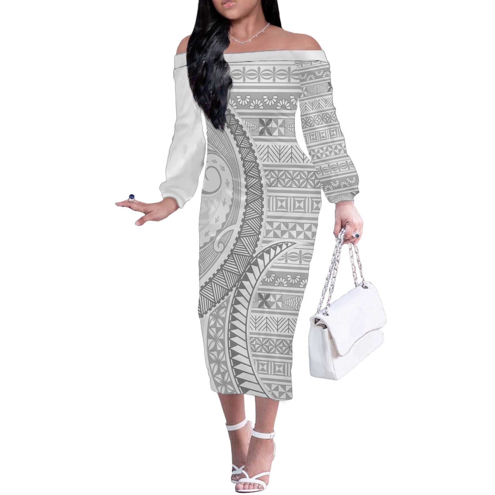 Tokelau White Sunday Off The Shoulder Long Sleeve Dress Lotu Tamaiti Ngatu Tokelau Feletoa Manulua - Polynesian Pride