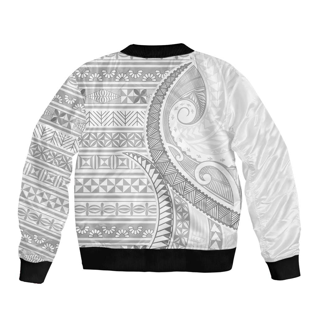 Tokelau White Sunday Sleeve Zip Bomber Jacket Lotu Tamaiti Ngatu Tokelau Feletoa Manulua - Polynesian Pride