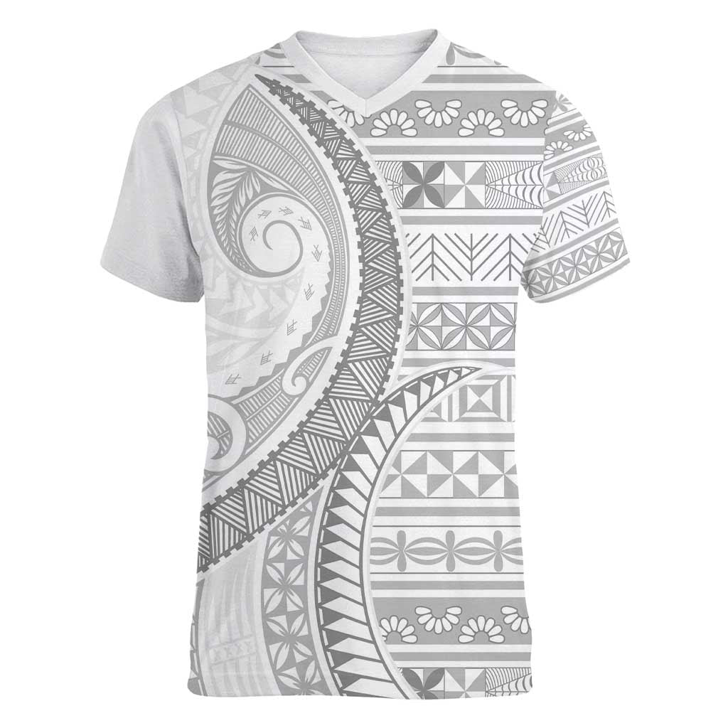 Tokelau White Sunday Women V-Neck T-Shirt Lotu Tamaiti Ngatu Tokelau Feletoa Manulua - Polynesian Pride